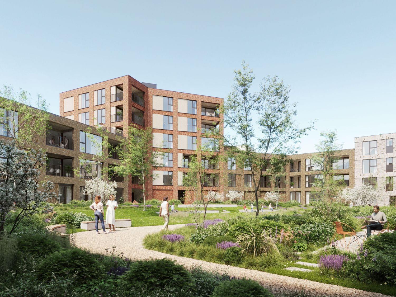 Groene binnentuin van Nieuw Overleie met appartementen in baksteen